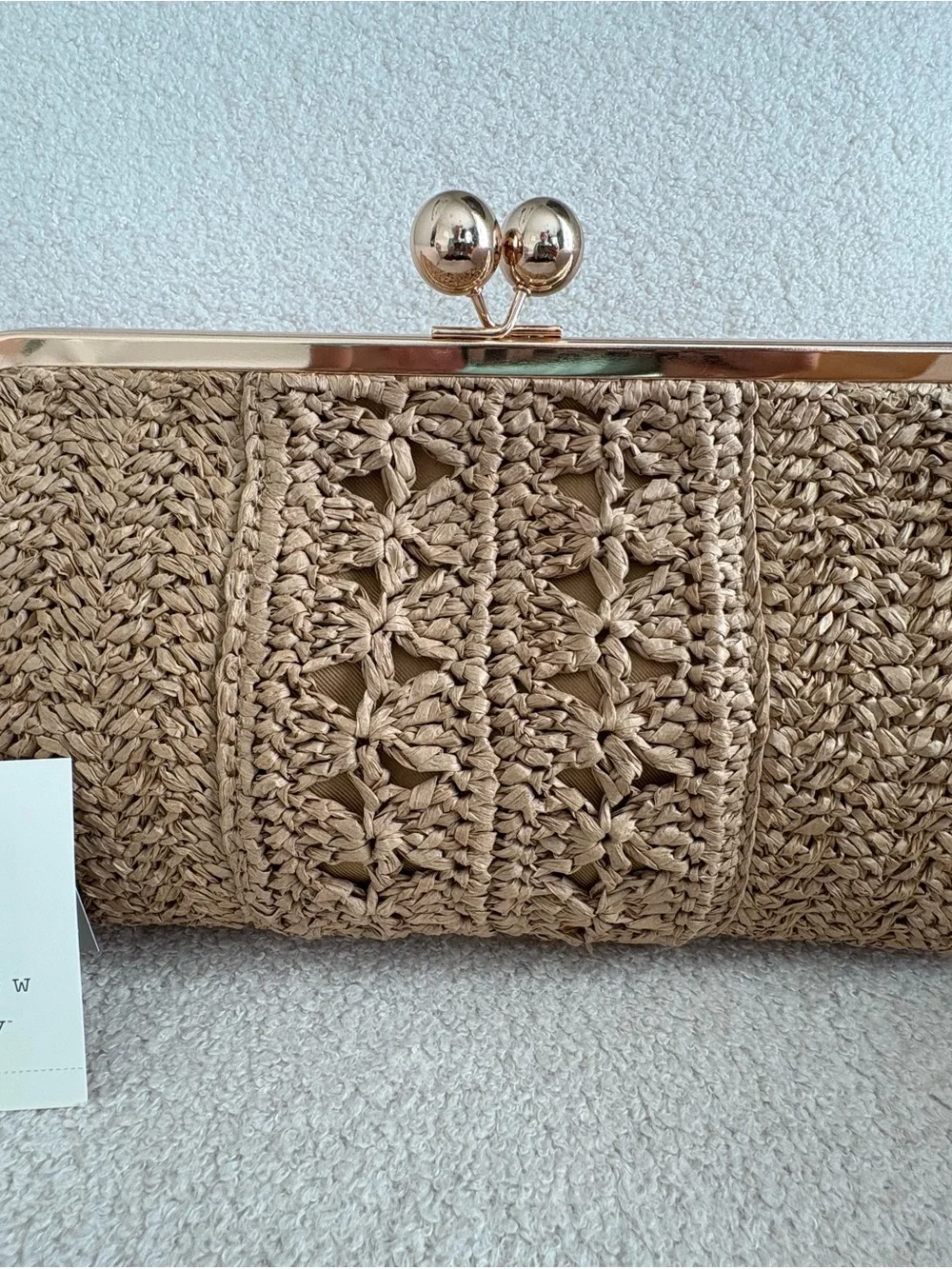 a new day Tan Woven Crochet Clutch with Gold Frame
